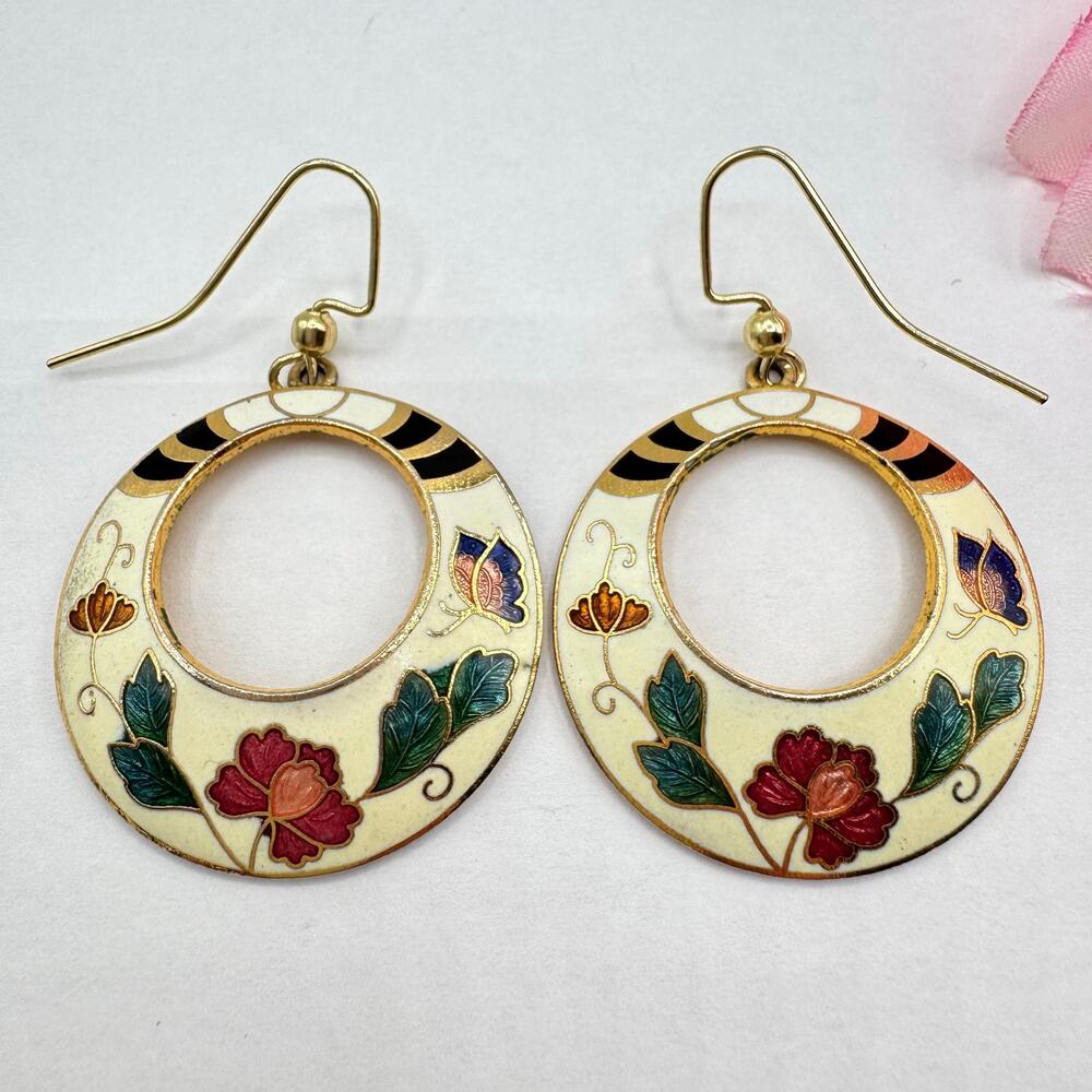 Vintage Cloisonné Hoop Earrings Yellow Butterfly Floral Cottagecore Grannycore